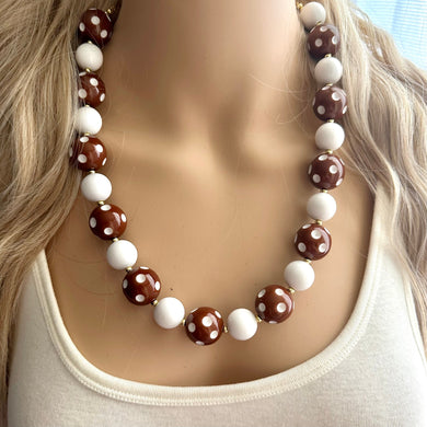 Brown Polka Dot Statement necklace, single strand chunky jewelry, beaded jewelry, brown and white necklace, vacation layering necklace gold