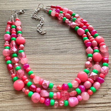 Anna Marie’s Chunky Statement Necklace, Big beaded jewelry, Triple Strand bib chunky Necklace, pink green coral jewelry, beaded jewelry