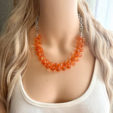 Load image into Gallery viewer, Coral Orange single Strand cluster statement necklace, big beaded chunky jewelry, chunky Bib Jewelry geometric faceted silver necklace