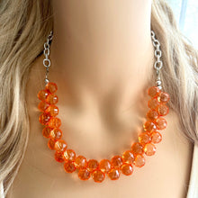 Load image into Gallery viewer, Coral Orange single Strand cluster statement necklace, big beaded chunky jewelry, chunky Bib Jewelry geometric faceted silver necklace