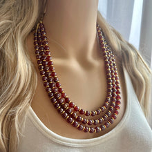 Load image into Gallery viewer, Frosted Burgundy Chunky 3 Strand Statement Necklace, fall necklace, red jewelry, dark red necklace, maroon ball beaded, gold earrings glass