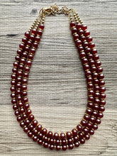 Load image into Gallery viewer, Frosted Burgundy Chunky 3 Strand Statement Necklace, fall necklace, red jewelry, dark red necklace, maroon ball beaded, gold earrings glass