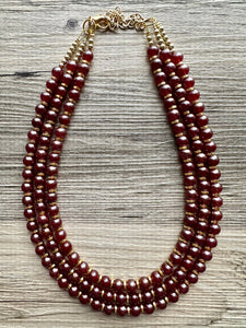 Frosted Burgundy Chunky 3 Strand Statement Necklace, fall necklace, red jewelry, dark red necklace, maroon ball beaded, gold earrings glass