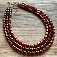 Load image into Gallery viewer, Frosted Burgundy Chunky 3 Strand Statement Necklace, fall necklace, red jewelry, dark red necklace, maroon ball beaded, gold earrings glass