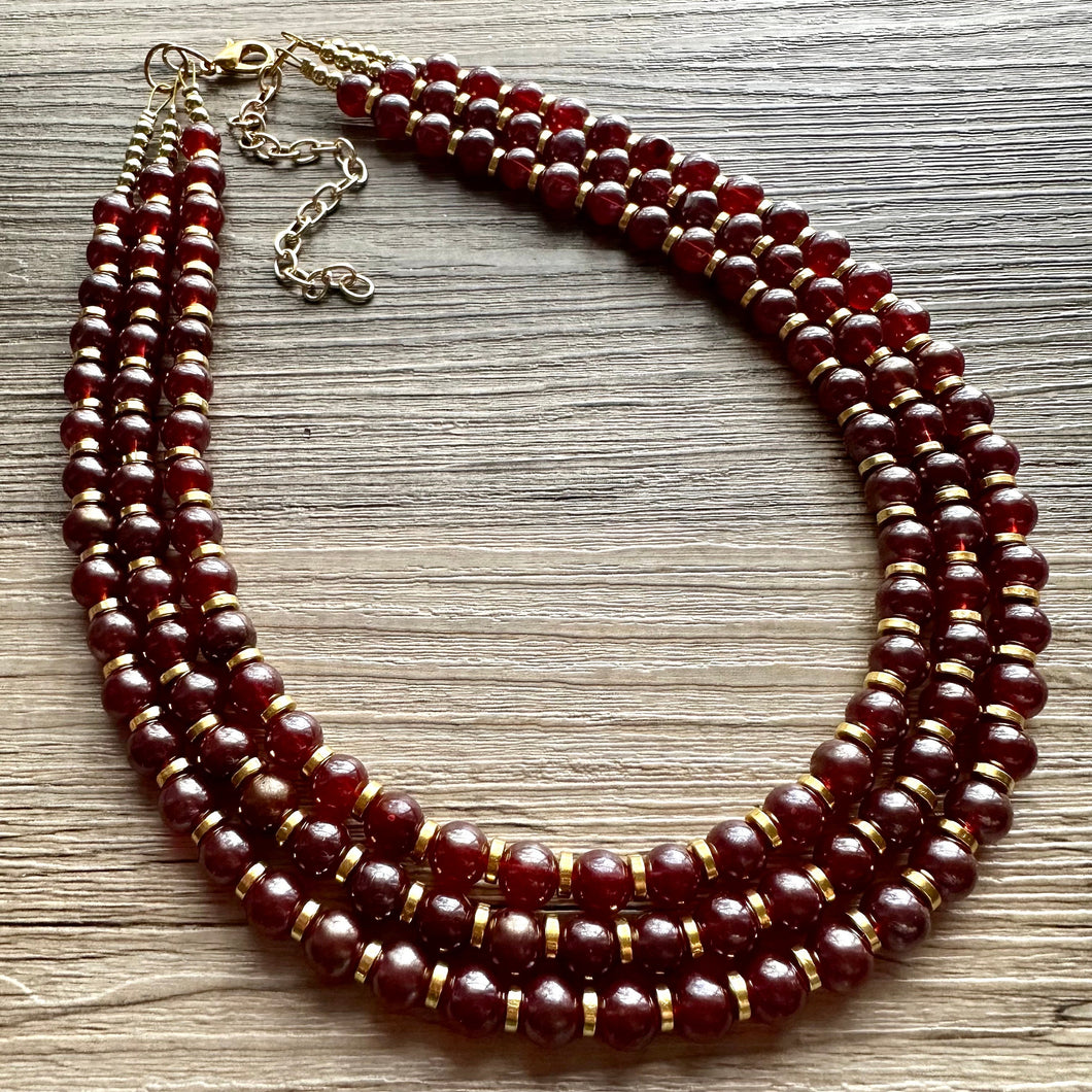 Frosted Burgundy Chunky 3 Strand Statement Necklace, fall necklace, red jewelry, dark red necklace, maroon ball beaded, gold earrings glass