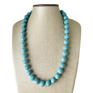 Long Vintage Beaded Necklace, Blue Statement Necklace, Layering Necklace, Aqua Geometric light blue turquoise silver bead chunky