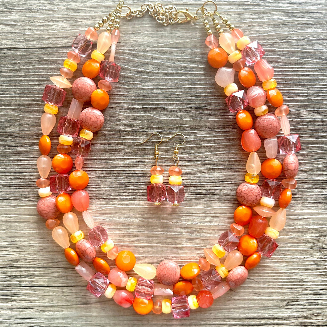 100 Julys Neon Bright summer Statement Chunky Bib Silver, pink orange yellow beaded jewelry, festival 80s bright colors colorful peach coral