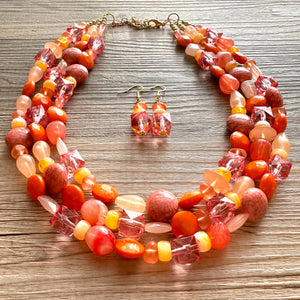 100 Julys Neon Bright summer Statement Chunky Bib Silver, pink orange yellow beaded jewelry, festival 80s bright colors colorful peach coral