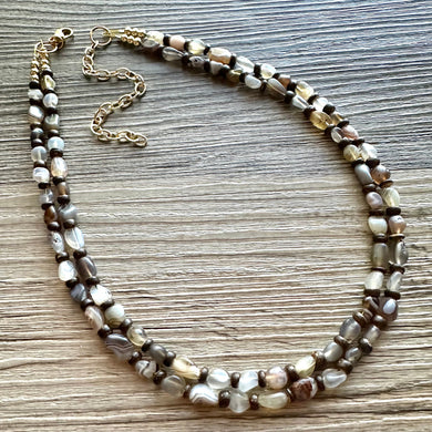Polished Agate GemStone Necklace mauve brown, wood statement necklace jewelry, 2 strand beaded statement layering necklace