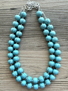 Vintage Beaded Necklace, Double Strand Blue Statement Necklace, Layering Necklace, Aqua Geometric light blue turquoise silver bead chunky