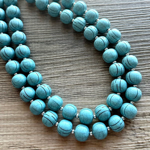 Vintage Beaded Necklace, Double Strand Blue Statement Necklace, Layering Necklace, Aqua Geometric light blue turquoise silver bead chunky