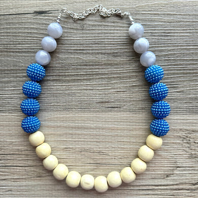 Big Bead Royal Blue Necklace, single Strand Statement Jewelry, Gray Cream Chunky bib bridesmaid or everyday bubble, gifts for women