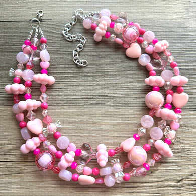 Girls Night Out! chunky beaded statement necklace, blush pink hot pink necklace, silver white 3 strand hot pink light pink hot pink white