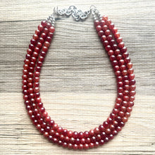 Load image into Gallery viewer, Frosted Cranberry Chunky 3 Strand Statement Necklace, fall necklace, red jewelry, dark red necklace, maroon ball beaded, red earrings glass