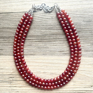 Frosted Cranberry Chunky 3 Strand Statement Necklace, fall necklace, red jewelry, dark red necklace, maroon ball beaded, red earrings glass