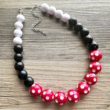 Load image into Gallery viewer, Red &amp; Black Day at the Park statement necklace, Polka Dot chunky bib necklace, beaded jewelry gray neutral single strand white jewelry