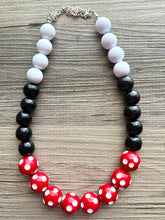 Load image into Gallery viewer, Red &amp; Black Day at the Park statement necklace, Polka Dot chunky bib necklace, beaded jewelry gray neutral single strand white jewelry