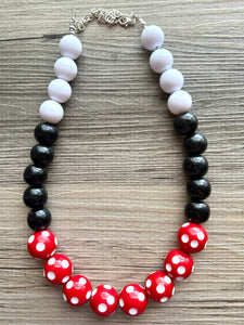 Red & Black Day at the Park statement necklace, Polka Dot chunky bib necklace, beaded jewelry gray neutral single strand white jewelry