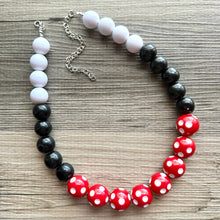 Load image into Gallery viewer, Red &amp; Black Day at the Park statement necklace, Polka Dot chunky bib necklace, beaded jewelry gray neutral single strand white jewelry