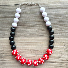 Load image into Gallery viewer, Red &amp; Black Day at the Park statement necklace, Polka Dot chunky bib necklace, beaded jewelry gray neutral single strand white jewelry