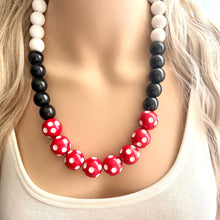 Load image into Gallery viewer, Red &amp; Black Day at the Park statement necklace, Polka Dot chunky bib necklace, beaded jewelry gray neutral single strand white jewelry