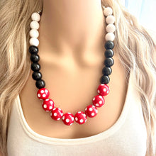 Load image into Gallery viewer, Red &amp; Black Day at the Park statement necklace, Polka Dot chunky bib necklace, beaded jewelry gray neutral single strand white jewelry