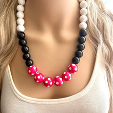 Load image into Gallery viewer, Pink &amp; Black Day at the Park statement necklace, Polka Dot chunky bib necklace, beaded jewelry white neutral single strand jewelry colorful