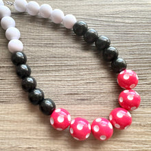 Load image into Gallery viewer, Pink &amp; Black Day at the Park statement necklace, Polka Dot chunky bib necklace, beaded jewelry white neutral single strand jewelry colorful