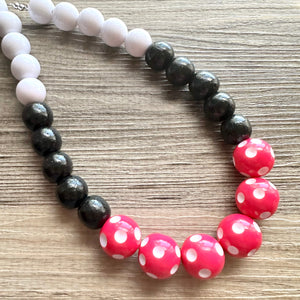 Pink & Black Day at the Park statement necklace, Polka Dot chunky bib necklace, beaded jewelry white neutral single strand jewelry colorful