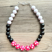 Load image into Gallery viewer, Pink &amp; Black Day at the Park statement necklace, Polka Dot chunky bib necklace, beaded jewelry white neutral single strand jewelry colorful