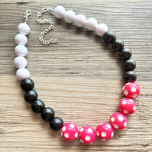 Load image into Gallery viewer, Pink &amp; Black Day at the Park statement necklace, Polka Dot chunky bib necklace, beaded jewelry white neutral single strand jewelry colorful