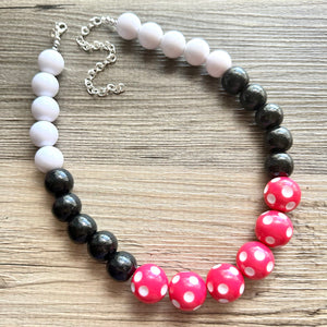 Pink & Black Day at the Park statement necklace, Polka Dot chunky bib necklace, beaded jewelry white neutral single strand jewelry colorful