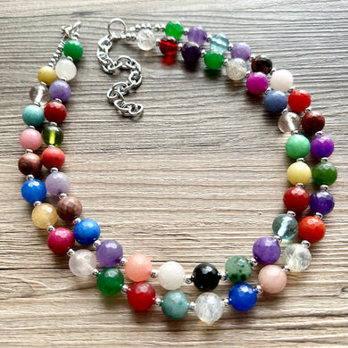 Polished Agate Genuine GemStone Necklace rainbow, silver statement necklace jewelry, long beaded statement layering beaded stone colorful