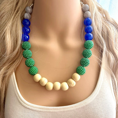 Bubble Ball Blue necklace, green cream acrylic beaded statement necklace, everyday geometric chunky layering summer colorful necklace