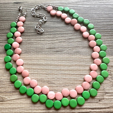 Blush Pink & Green Double Statement Necklace, Chunky Jewelry Big Beaded Necklace, light pink Necklace, baby pink Jewelry bubble Earrings