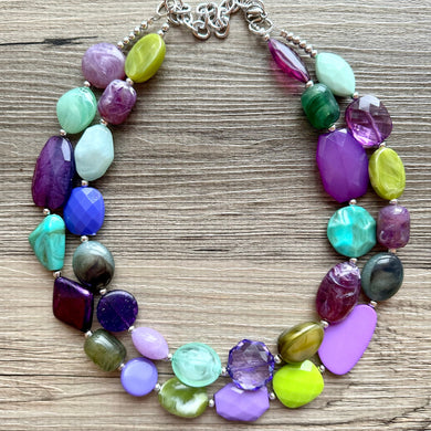 Purple & Green Mosaic Necklace, multi strand colorful jewelry, big beaded chunky statement necklace, purple jewel tone silver green
