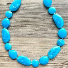 Load image into Gallery viewer, Long Caribbean Statement Necklace, Chunky Beaded Necklace, aqua light blue Jewelry, long necklace, bead Necklace, earrings geometric jewelry