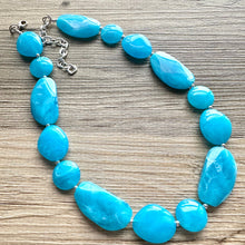 Load image into Gallery viewer, Long Caribbean Statement Necklace, Chunky Beaded Necklace, aqua light blue Jewelry, long necklace, bead Necklace, earrings geometric jewelry