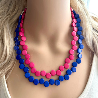 Pink + Blue Double Strand Statement Necklace, Chunky Geometric Beaded Bib Jewelry earrings, dark blue set gender reveal party zig zag