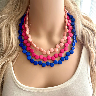 Blue & hot pink 3 Strand Statement Necklace, Chunky Jewelry Big Beaded Necklace, magenta geometric zig zag bubble earrings blush pink