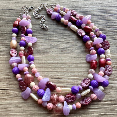 Girls Sleepover Necklace, Beaded 3 Layer Necklace, bead statement necklace, blush hot pink purple eggplant beaded bib chunky heart love