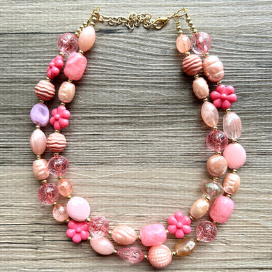 Rosey Fog statement necklace, chunky bib necklace, beaded jewelry blush pink necklace, 2 strand magenta jewelry gold cream white