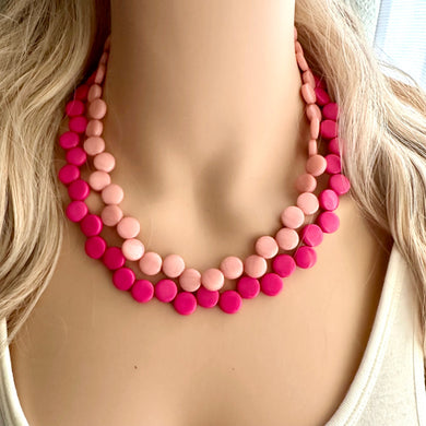 Hot Pink & Blush Double Statement Necklace, Chunky Jewelry Big Beaded Necklace, dark pink Necklace, magenta pink Jewelry bubble Earrings