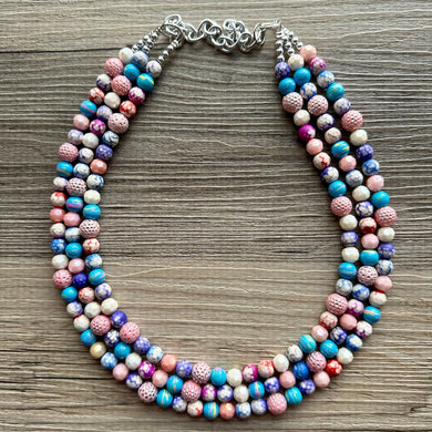 Downtown Candy Shop 3 Strand Color Block Necklace, pink red blue necklace, Bleach & Glitter necklace, beaded chunky statement