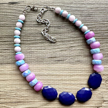 Load image into Gallery viewer, Indigo &amp; periwinkle Chunky Statement Necklace, Big beaded jewelry, single strand Statement Necklace, chunky bib jewelry purple aqua blue