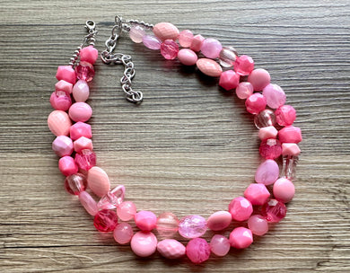 Pink on pink Necklace, Double strand pink jewelry, big beaded chunky statement necklace, blush necklace, bib baby pink vacation collar