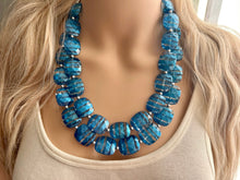 Load image into Gallery viewer, Blue ombré Necklace, Double strand jewelry, big beaded chunky statement royal blue denim white, blue ombre, blue bridesmaid, blue jewelry