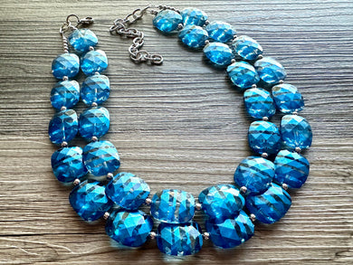 Blue ombré Necklace, Double strand jewelry, big beaded chunky statement royal blue denim white, blue ombre, blue bridesmaid, blue jewelry