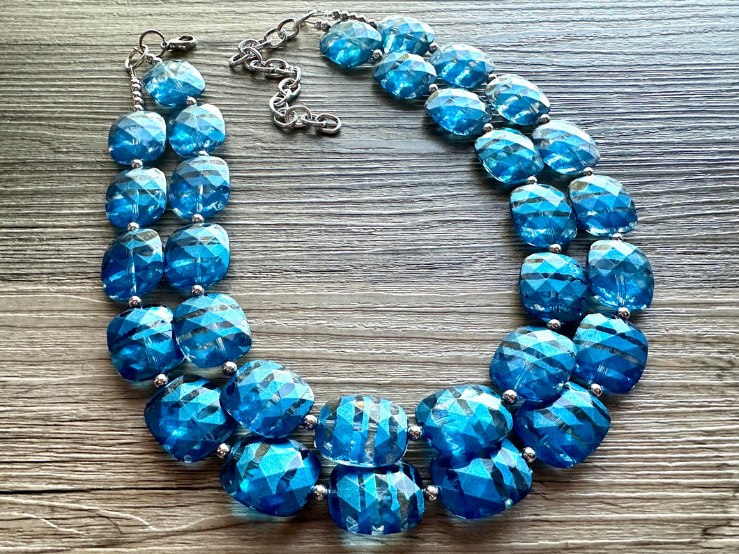 Blue ombré Necklace, Double strand jewelry, big beaded chunky statement royal blue denim white, blue ombre, blue bridesmaid, blue jewelry