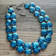 Load image into Gallery viewer, Blue ombré Necklace, Double strand jewelry, big beaded chunky statement royal blue denim white, blue ombre, blue bridesmaid, blue jewelry